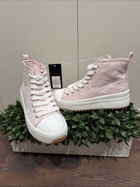 Art Class Girls Shoes Pink Daisy Embroidered High-Top Sneaker w Side Zip Size 5